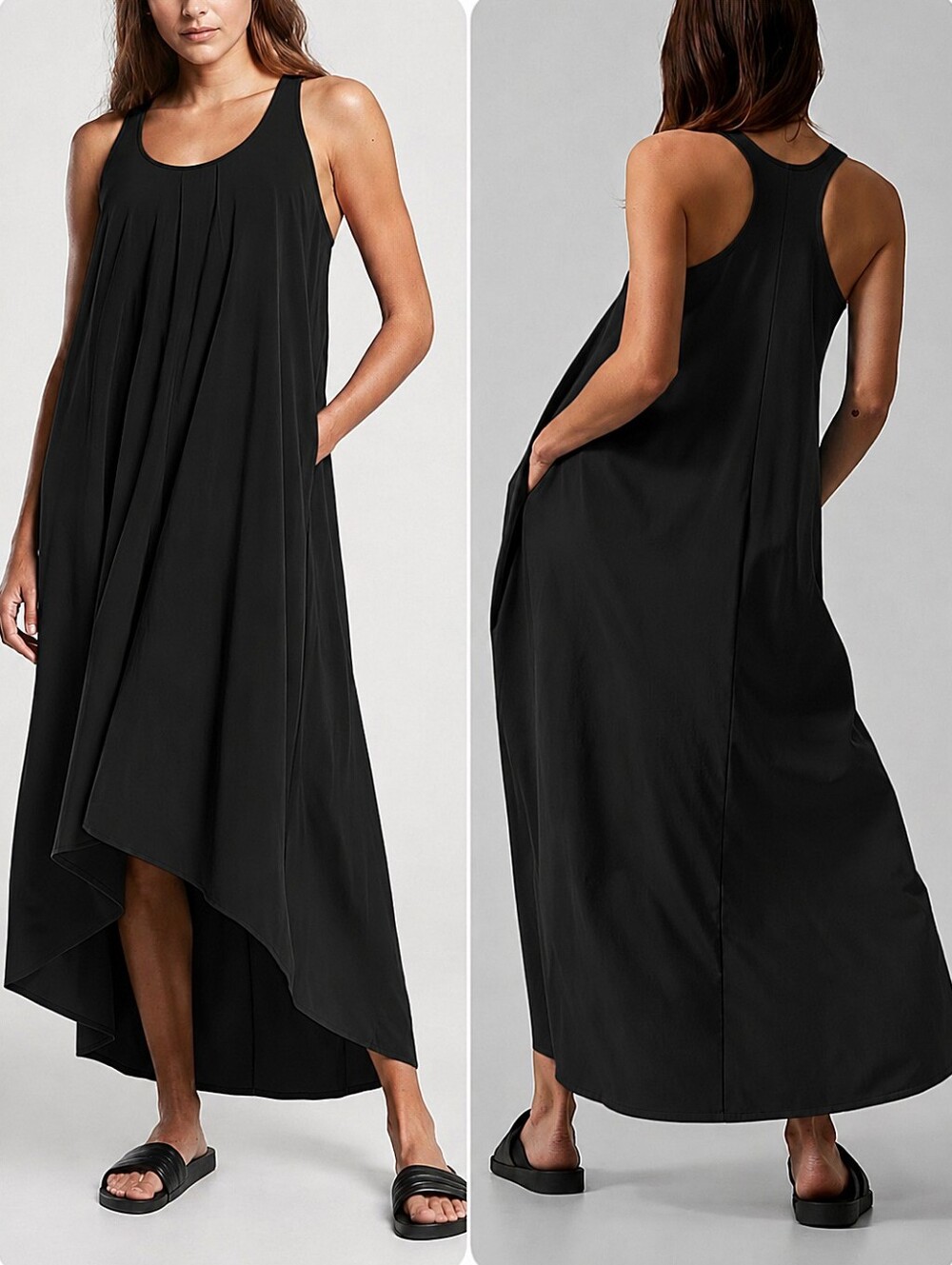 Athleta Presidio Traveler Maxi Black Dress M Tall Sleeveless Racerback Pockets